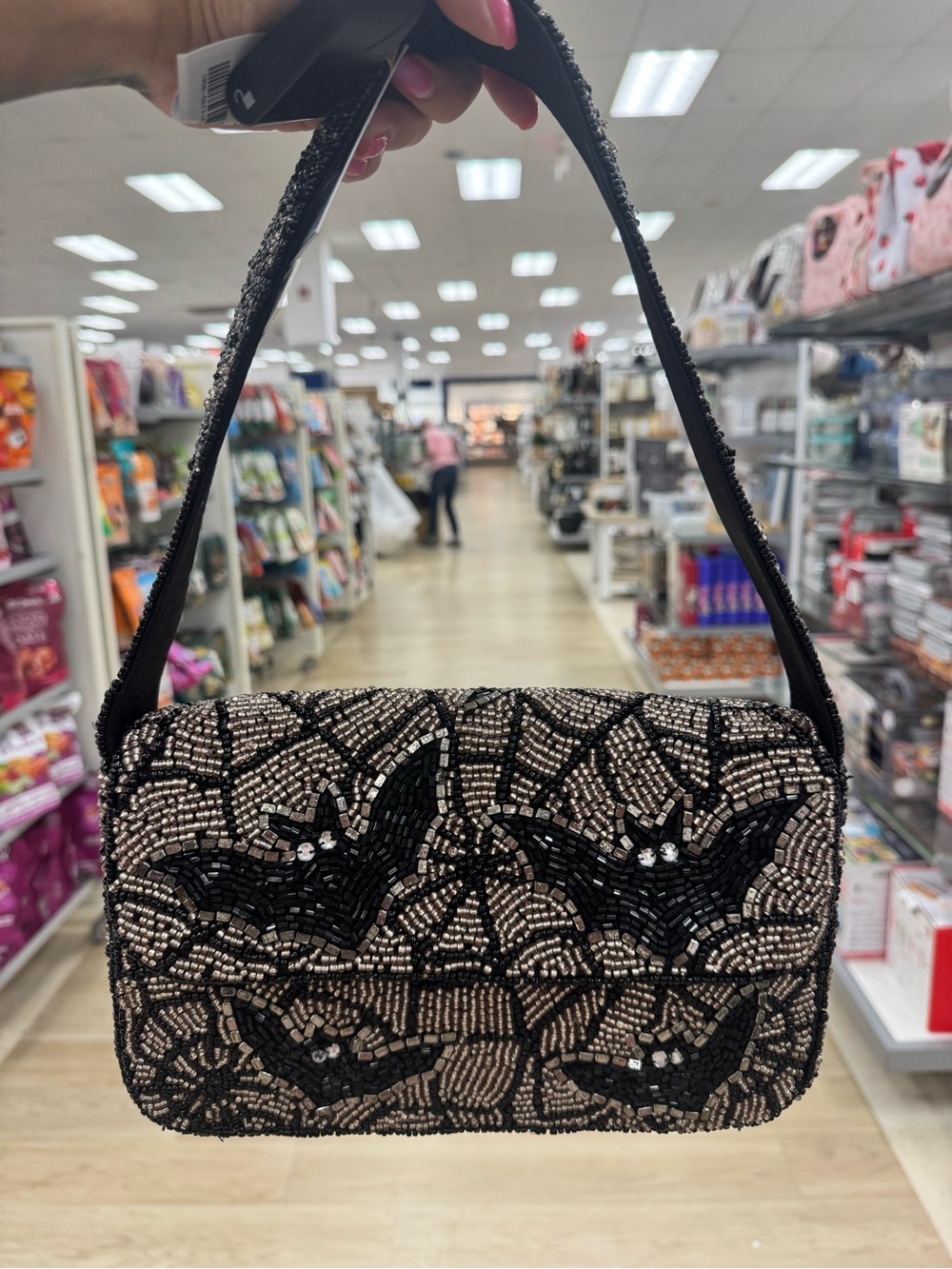 Beaded Black & Beige Bat Motif Shoulder Bag